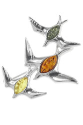Срібна брошка з різнобарвним бурштином «Ластівки»