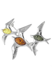 Серебряная брошь с разноцветным янтарем «Ласточки»
