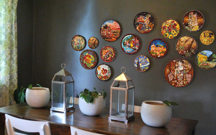 Декоративные тарелки на стену инкрустированные янтарем