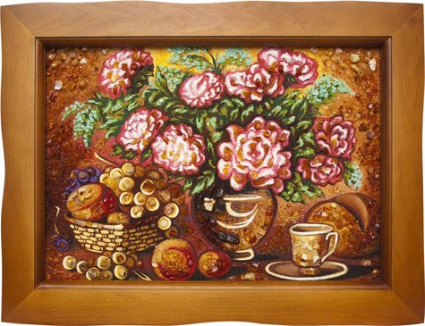 "Still life with flowers and fruit"
