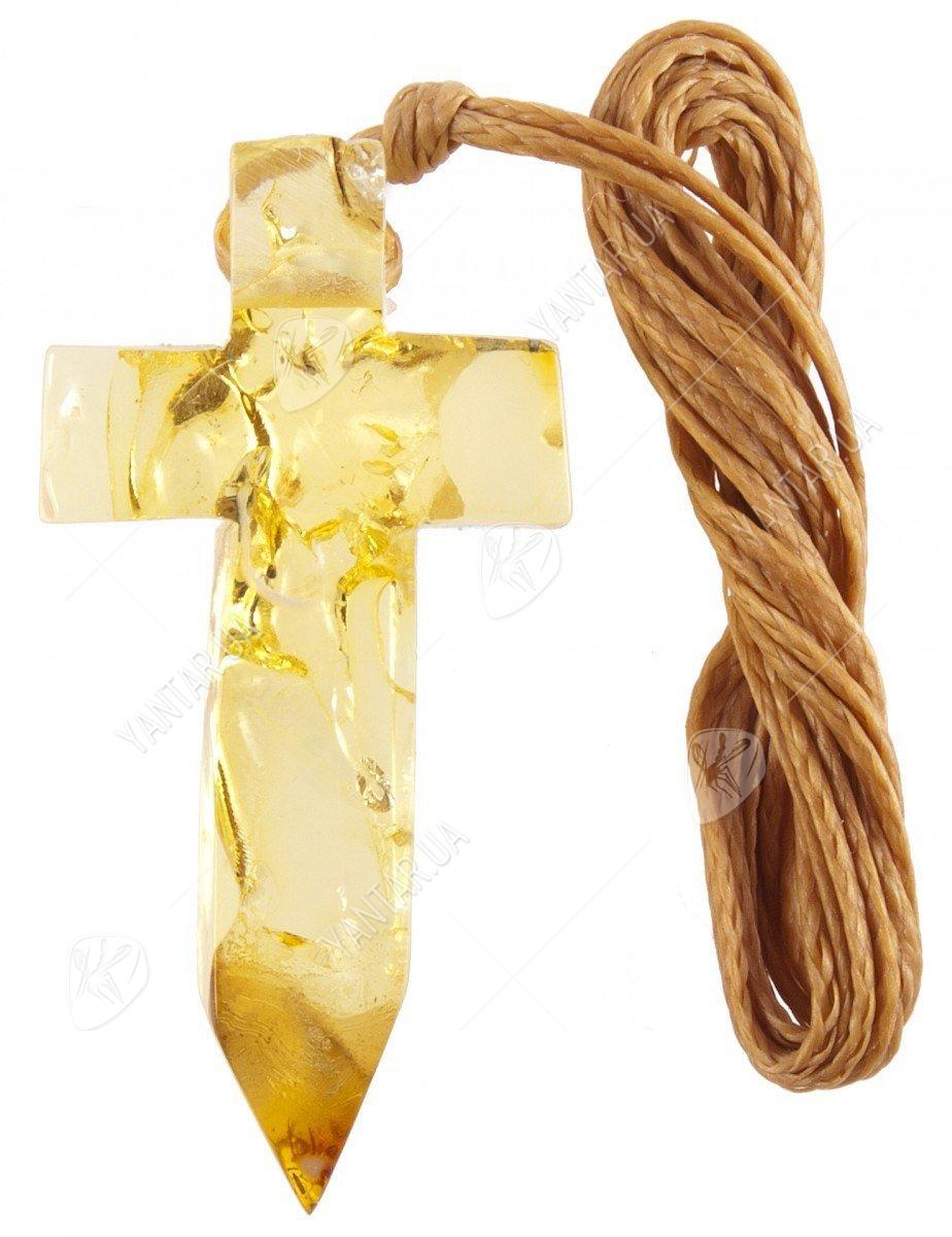 Хрестик зі світлого бурштину на воскованій мотузці