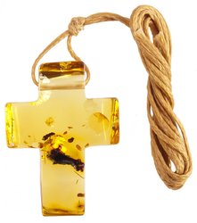 Amber cross pendant on waxed thread