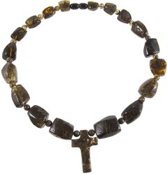 Бурштинове намисто з чередуванням фігурних каменів і кульок (з хрестиком)