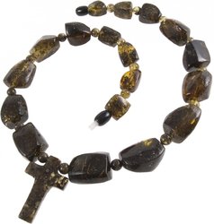 Amber beads with alternating figured stones and balls (with a cross)