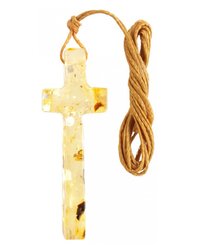 Хрестик зі світлого бурштину (довгий) на воскованій мотузці