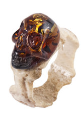 Ring made of deer antler and amber “Skull”