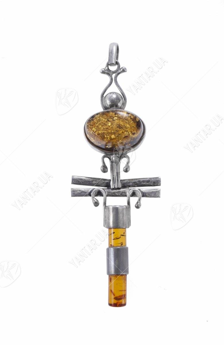 Кулон-крестик из серебра с янтарем