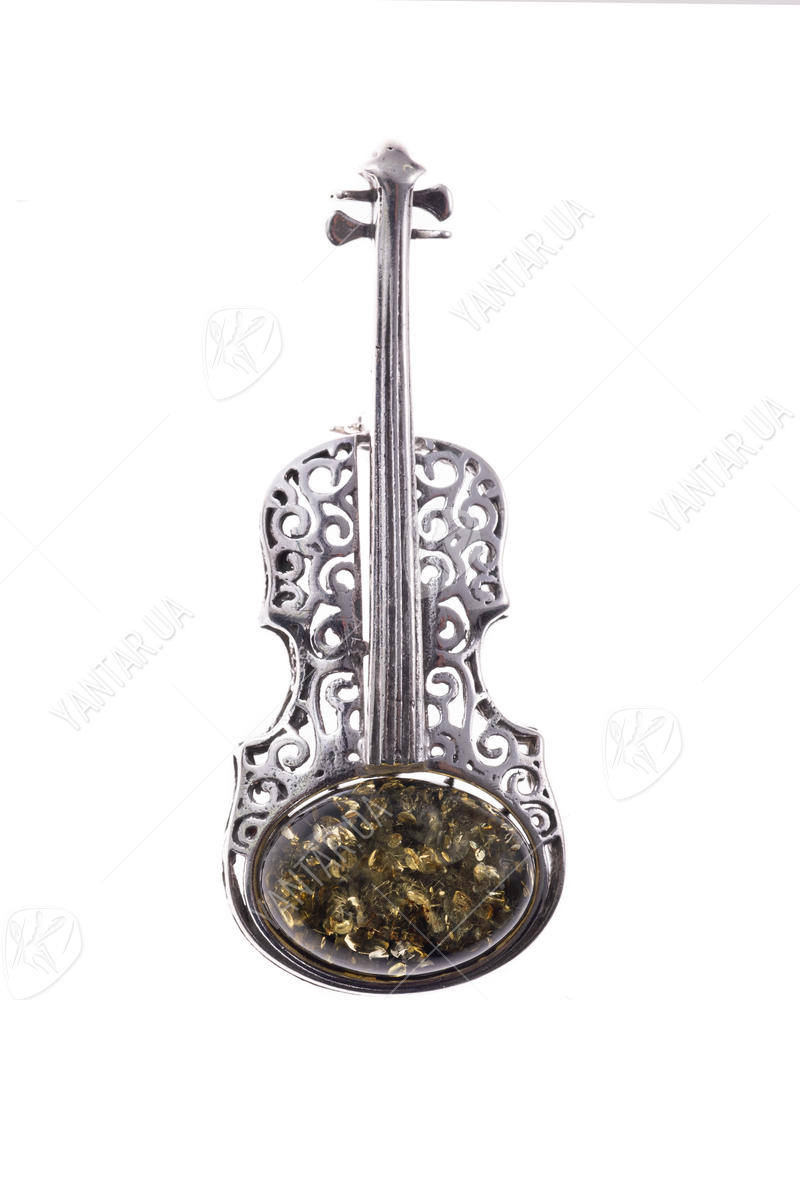 Серебряная брошь с янтарем «Скрипка»