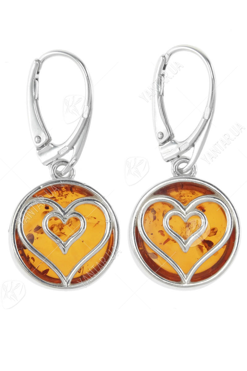 Серебряные серьги с янтарем «Сердца»
