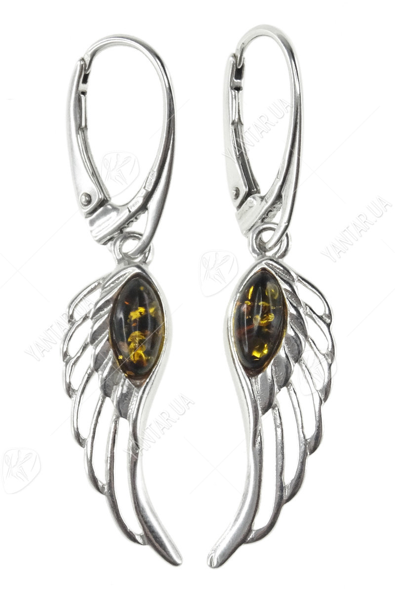 Серебряные серьги с янтарем «Крылья ангела»