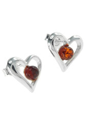 Серебряные серьги-пусеты с янтарем «Сердца»