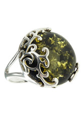 Перстень з каменем бурштину в срібній оправі «Мереживо»