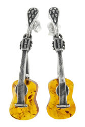 Срібні сережки з бурштином «Гітари»