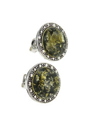 Silver button earrings with amber “Wheel of Fortune”