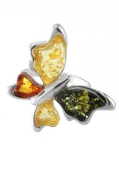 Серебряное кольцо с разноцветными камнями янтаря «Бабочка»
