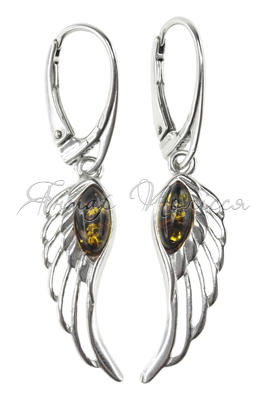 Серебряные серьги с янтарем «Крылья ангела»