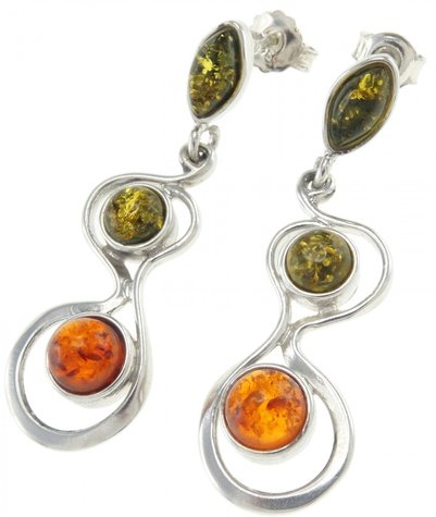 Срібні сережки з бурштиновими вставками «Хвиля»