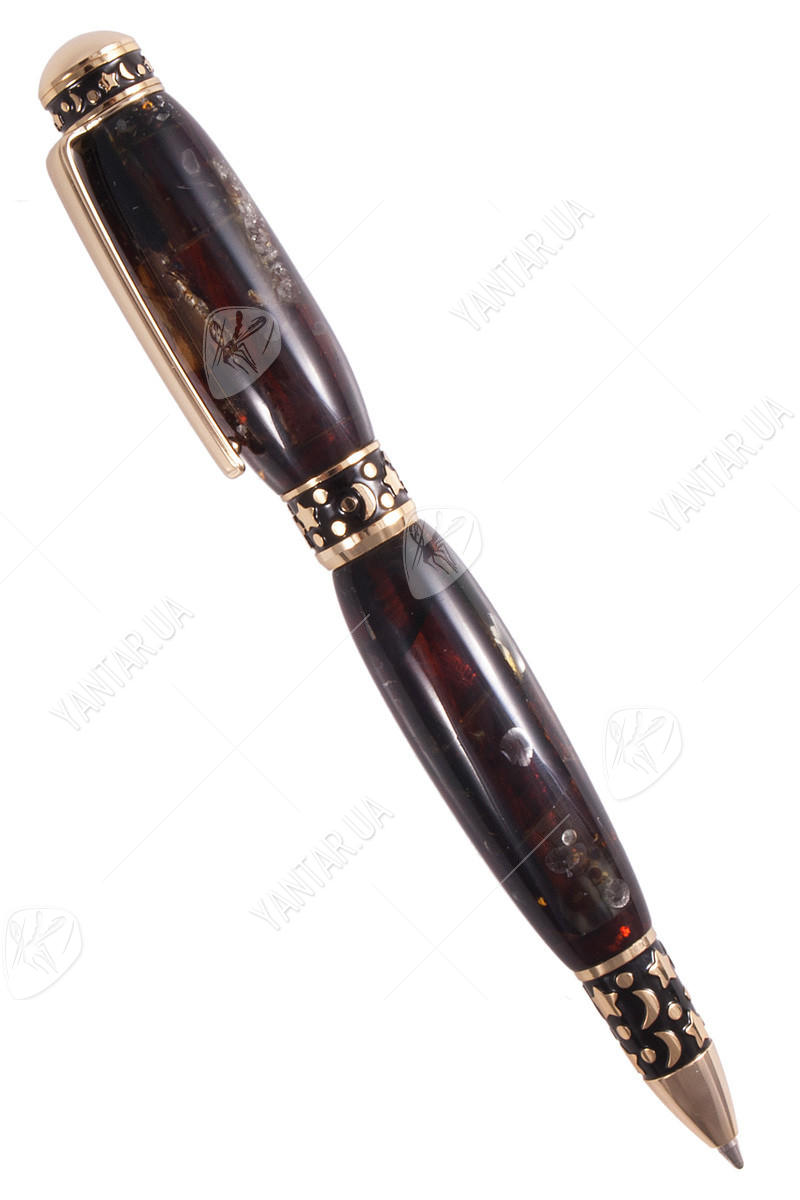 Бурштинова кулькова ручка з фурнітурою «Зоряне небо»