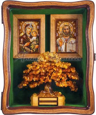 Набір: пара ікон Христа і Божої Матері (Іверська) і бурштинове дерево